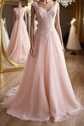 A Line V Neck Pink Lace Long Semi Formal Prom Dresses, Pink Lace Formal Graduation Evening Dresses